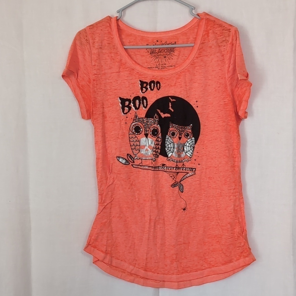 Rocker Girl by All Access Orange Halloween Owl Tissue Tee Size Large